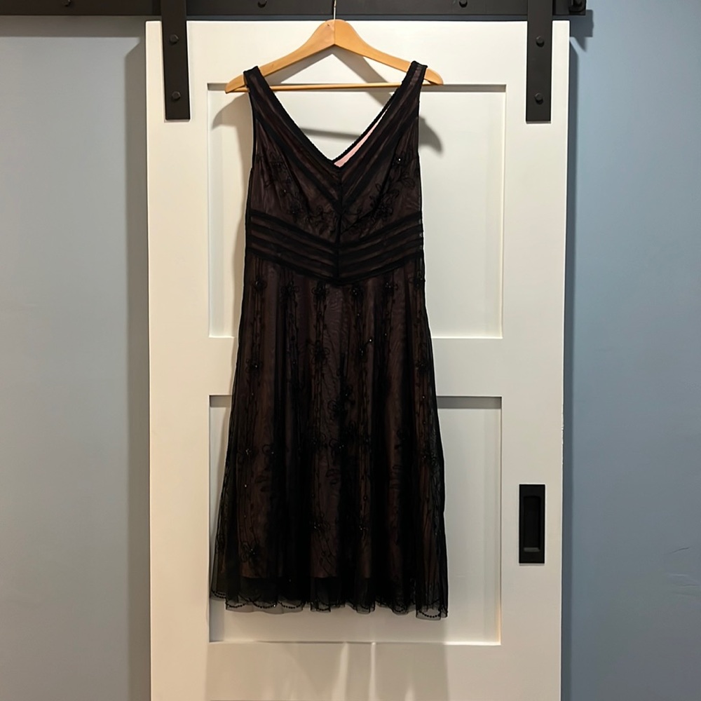 BCBG black lace midi dress embroidery Size 10 flattering for hour glass figure